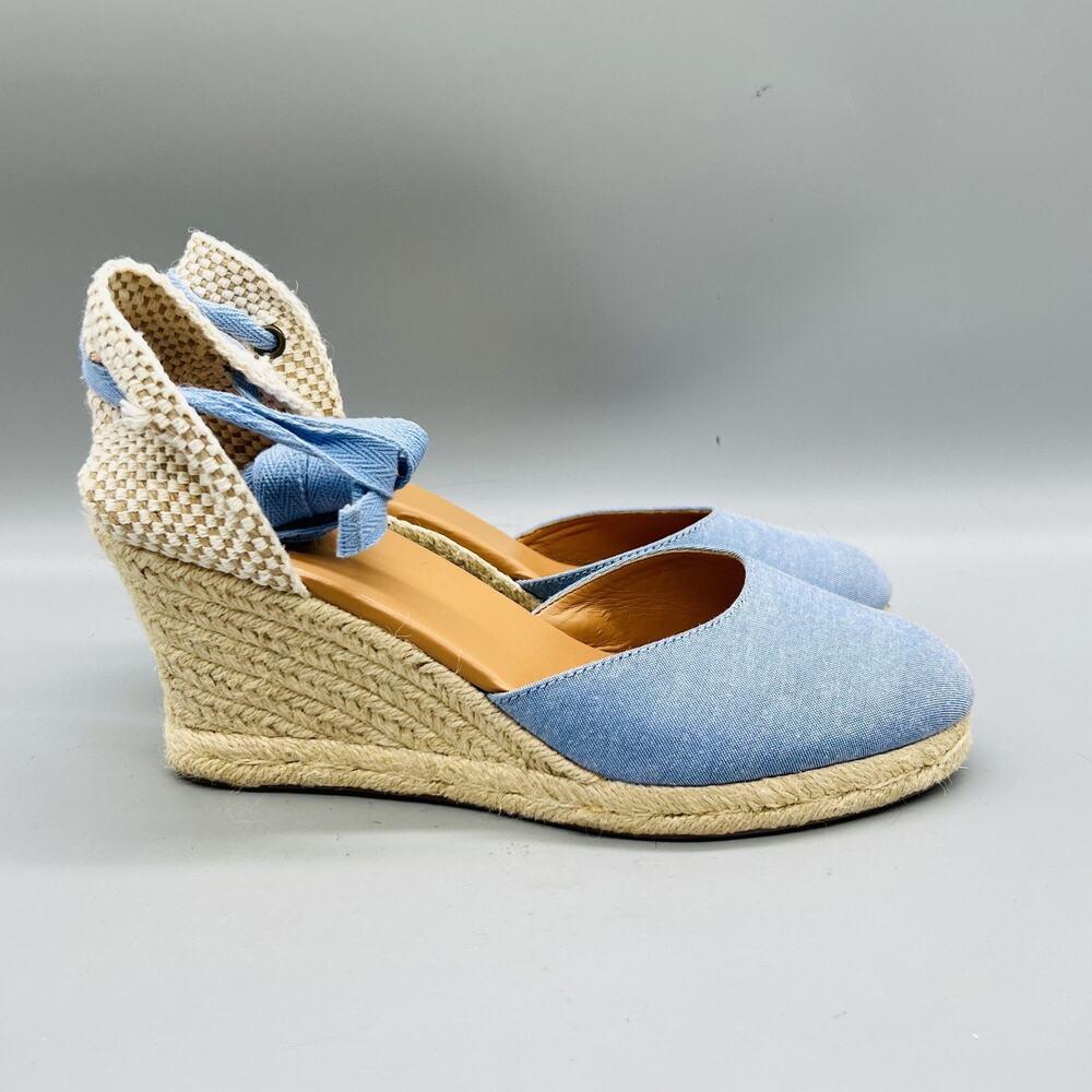 J Crew Sandals Womens 8 Blue Cotton Espadrille Wedge Heel Ankle Wrap Tie Shoes